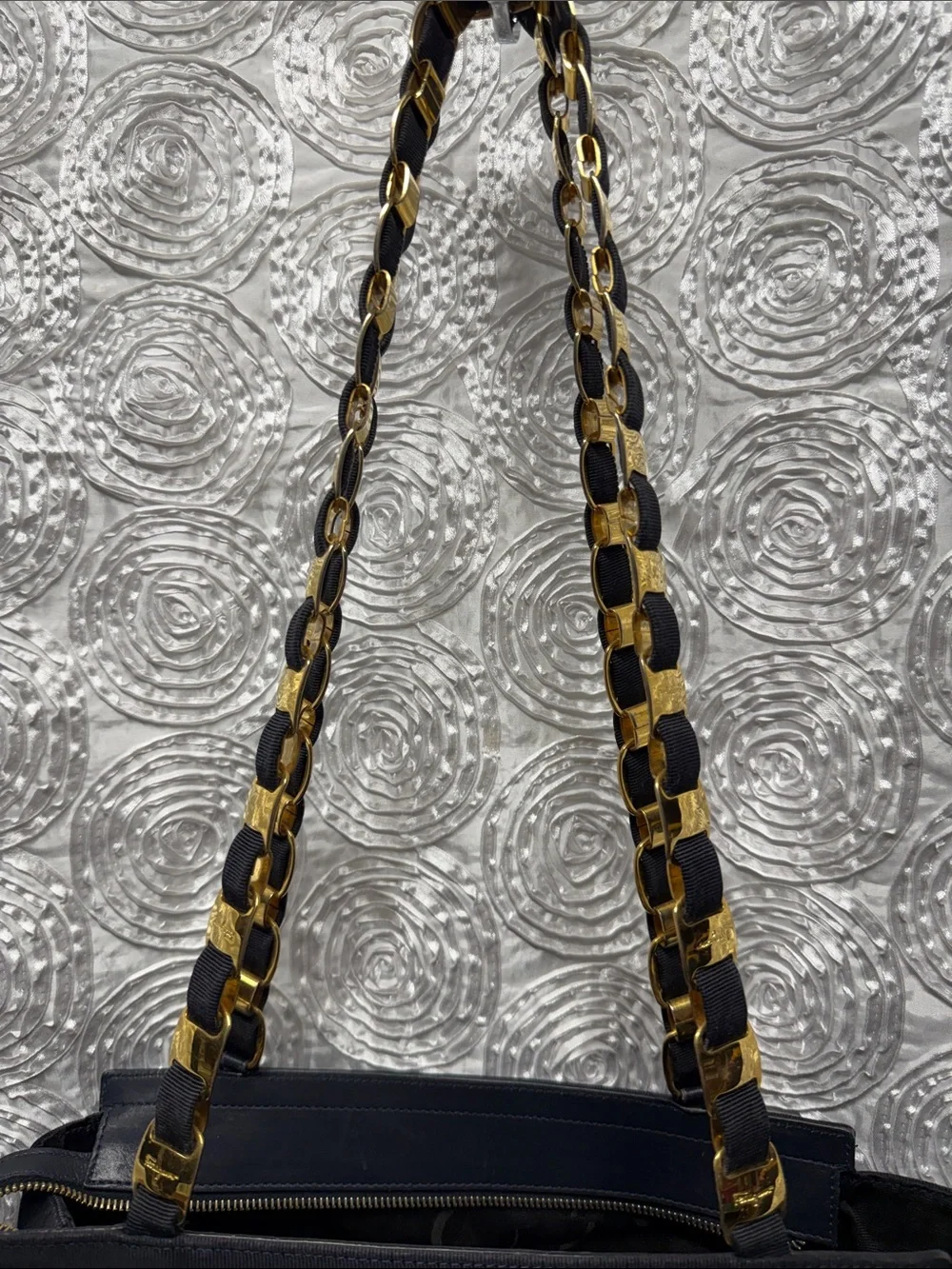 Salvatore Ferragamo Tiered Canvas & Leather Bag with Gold-tone Gancini Chain S